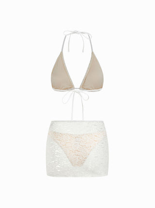 Halter Neckline Lace Triangle Bikini Set With Lace Skirt