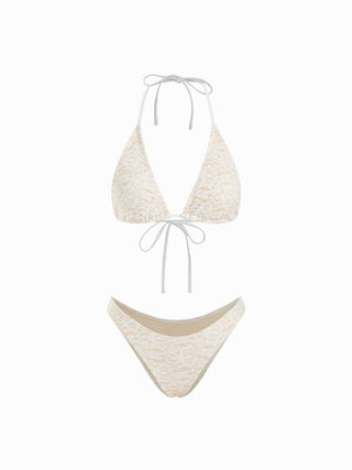 Halter Neckline Lace Triangle Bikini Set With Lace Skirt