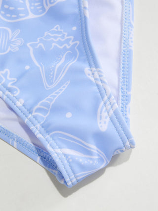 Scoop Neckline Shell & Starfish Graphic Contrast Binding Bracelet Bikini Set With Cover Up Shorts