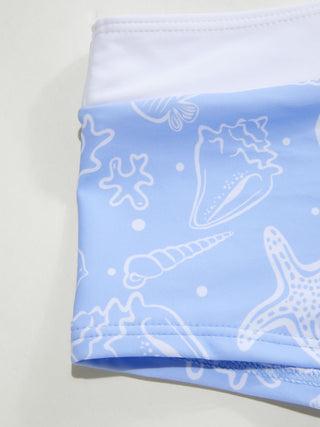 Scoop Neckline Shell & Starfish Graphic Contrast Binding Bracelet Bikini Set With Cover Up Shorts