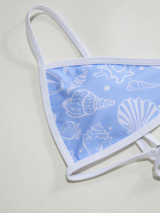 Scoop Neckline Shell & Starfish Graphic Contrast Binding Bracelet Bikini Set With Cover Up Shorts
