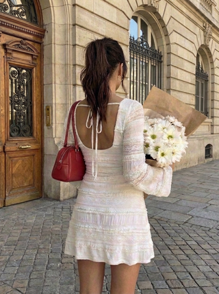 Lace Boat Neck Knotted Backless Bell Sleeve Mini Dress