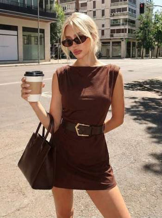Boat Neck Ruched Belted A-line Mini Dress