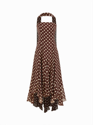 Chiffon Halter Neckline Polka Dot Ruffled Hem Ruched Maxi Dress
