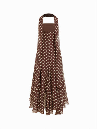 Chiffon Halter Neckline Polka Dot Ruffled Hem Ruched Maxi Dress