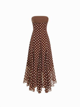 Chiffon Halter Neckline Polka Dot Ruffled Hem Ruched Maxi Dress