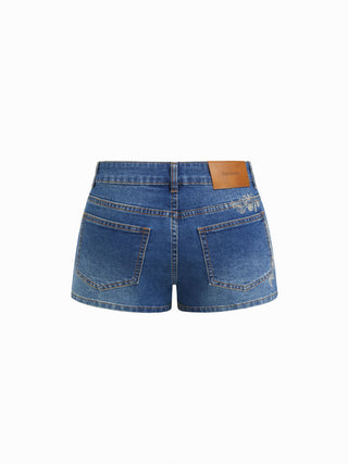 Stretch Denim Low Rise Floral Shorts