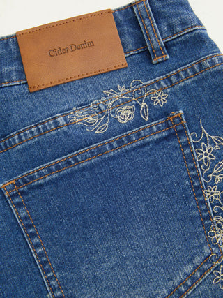 Stretch Denim Low Rise Floral Shorts