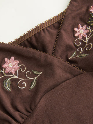 Cotton-blend V-Neck Floral Embroidery Ruched Puff Sleeve Top
