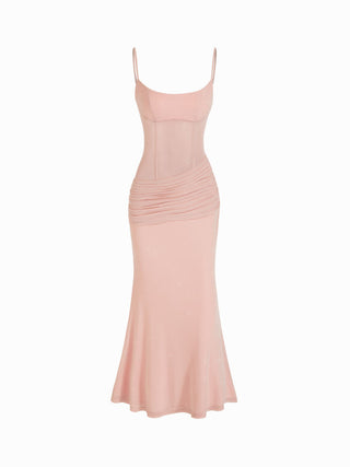 Mesh Sculptural V-neck Pleated Corset Glitter Bobycon Maxi Dress