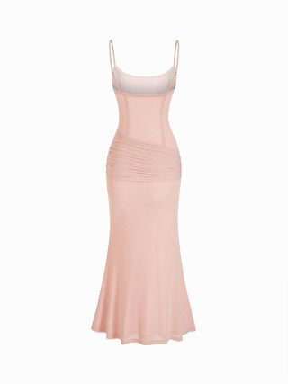 Mesh Sculptural V-neck Pleated Corset Glitter Bobycon Maxi Dress