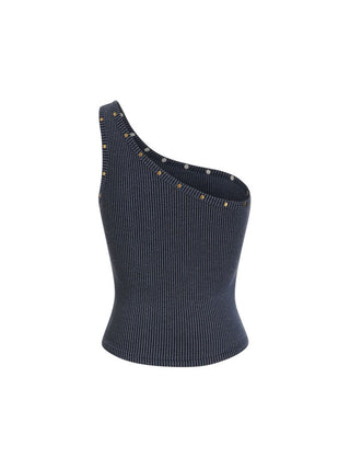 Textured Asymmetrical Neck Metal Detail Crop Tank Top