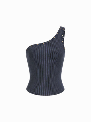 Textured Asymmetrical Neck Metal Detail Crop Tank Top