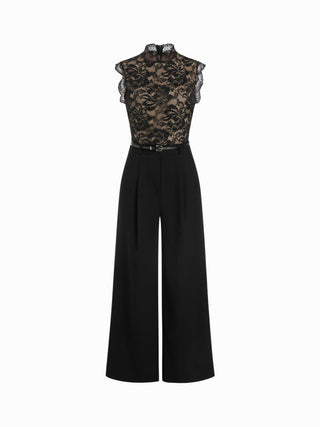 Lace Stand Collar Mid Rise Wide Leg Jumpsuit With Belt