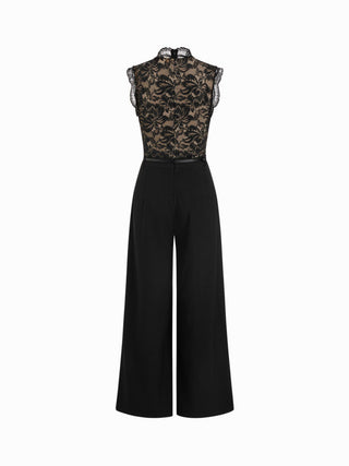 Lace Stand Collar Mid Rise Wide Leg Jumpsuit With Belt