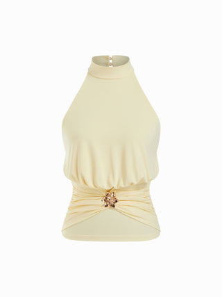 Knit Fabric Halter Neckline Ruched Backless Metal Detail Top For Daily Casual Party/Clubbing