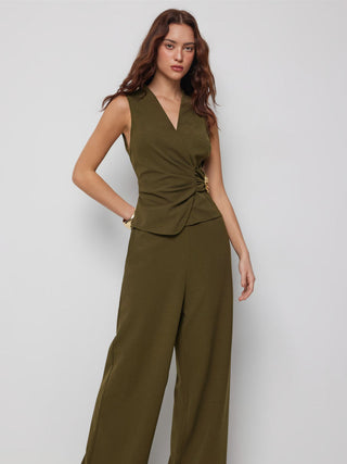 V-Neck Wrap Front Ruched Metal Detailed Top & Mid Rise Wide Leg Trousers Set