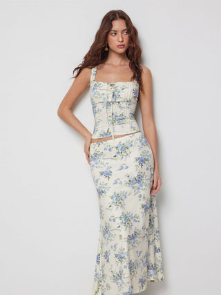 Floral Square Neck Drawstring Tank Top & Mid Rise Maxi Skirt Set