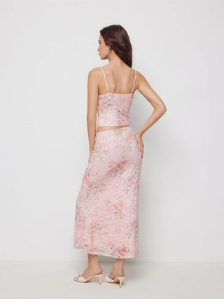 Floral Lace Trim Tie Front Cami Top & Mid Rise Bodycon Maxi Skirt Set