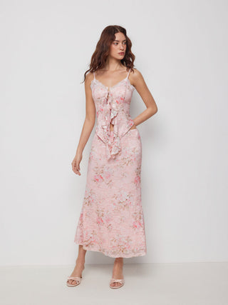 Floral Lace Trim Tie Front Cami Top & Mid Rise Bodycon Maxi Skirt Set