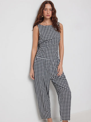 Boat Neck Checks Knotted Top & Mid Rise Elastic Waist Straight Leg Trousers Set