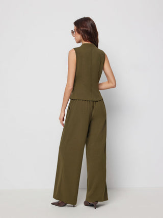 V-Neck Wrap Front Ruched Metal Detailed Top & Mid Rise Wide Leg Trousers Set