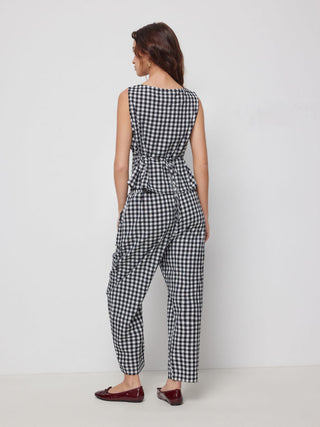 Boat Neck Checks Knotted Top & Mid Rise Elastic Waist Straight Leg Trousers Set