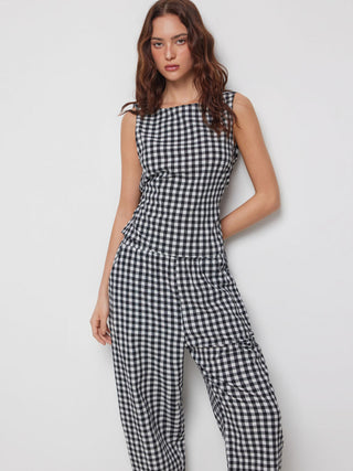 Boat Neck Checks Knotted Top & Mid Rise Elastic Waist Straight Leg Trousers Set
