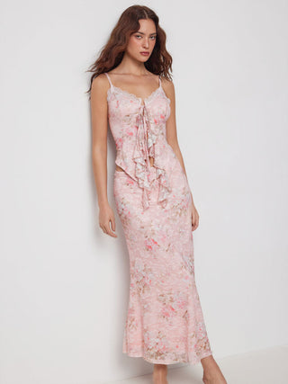 Floral Lace Trim Tie Front Cami Top & Mid Rise Bodycon Maxi Skirt Set