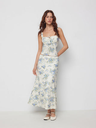 Floral Square Neck Drawstring Tank Top & Mid Rise Maxi Skirt Set