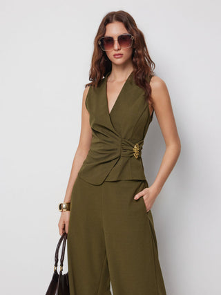 V-Neck Wrap Front Ruched Metal Detailed Top & Mid Rise Wide Leg Trousers Set