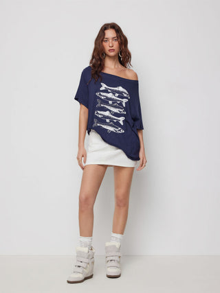 High Stretch Asymmetrical Neck Fish Graphic Oversized Short Sleeve Tee