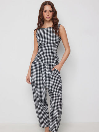 Boat Neck Checks Knotted Top & Mid Rise Elastic Waist Straight Leg Trousers Set