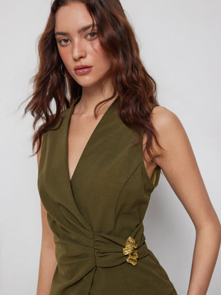V-Neck Wrap Front Ruched Metal Detailed Top & Mid Rise Wide Leg Trousers Set