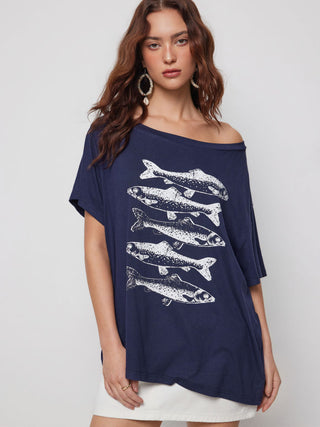 High Stretch Asymmetrical Neck Fish Graphic Oversized Short Sleeve Tee