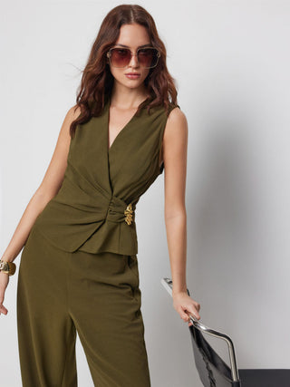 V-Neck Wrap Front Ruched Metal Detailed Top & Mid Rise Wide Leg Trousers Set