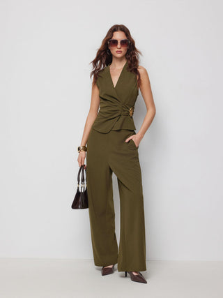 V-Neck Wrap Front Ruched Metal Detailed Top & Mid Rise Wide Leg Trousers Set