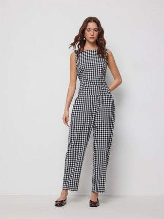 Boat Neck Checks Knotted Top & Mid Rise Elastic Waist Straight Leg Trousers Set