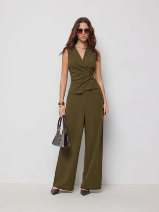 V-Neck Wrap Front Ruched Metal Detailed Top & Mid Rise Wide Leg Trousers Set