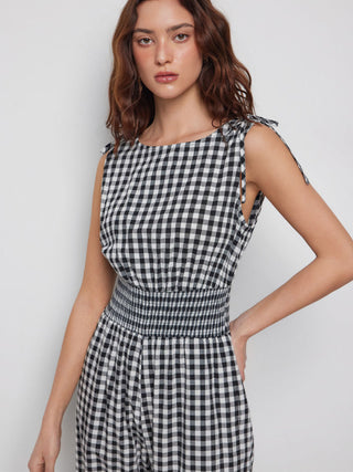 Cotton Gingham Boat Neck Drawstring Wide Leg Jumpsuit