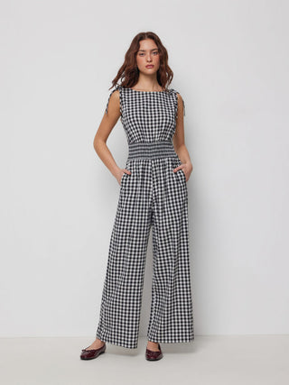 Cotton Gingham Boat Neck Drawstring Wide Leg Jumpsuit