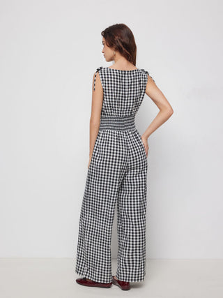 Cotton Gingham Boat Neck Drawstring Wide Leg Jumpsuit