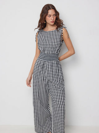Cotton Gingham Boat Neck Drawstring Wide Leg Jumpsuit