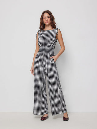 Cotton Gingham Boat Neck Drawstring Wide Leg Jumpsuit