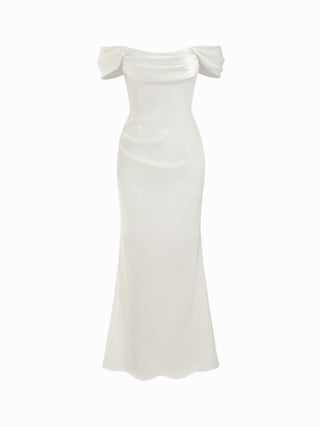 Satin Sculptural Ruched Off-shoulder Mermaid Maxi Dress