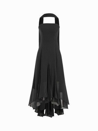 Chiffon Halter Neckline Polka Dot Ruffled Hem Ruched Maxi Dress