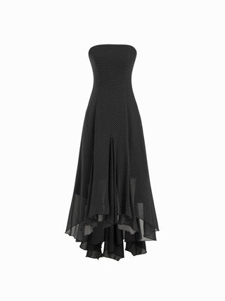 Chiffon Halter Neckline Polka Dot Ruffled Hem Ruched Maxi Dress