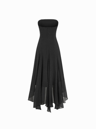 Chiffon Halter Neckline Polka Dot Ruffled Hem Ruched Maxi Dress