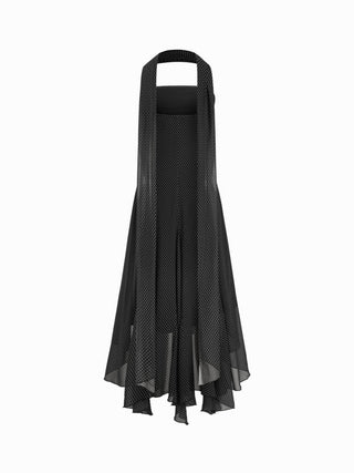 Chiffon Halter Neckline Polka Dot Ruffled Hem Ruched Maxi Dress