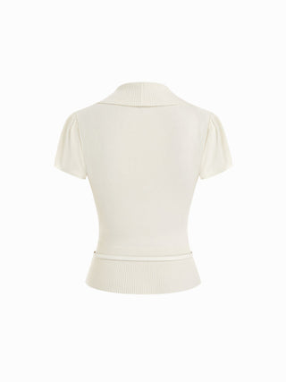 Knit V-neck Wrap Short Sleeve Top With Belt